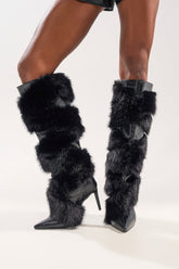 AZALEA WANG CONRADDE BLACK MIXED MATERIAL FUR AND SNAKE STILETTO BOOT